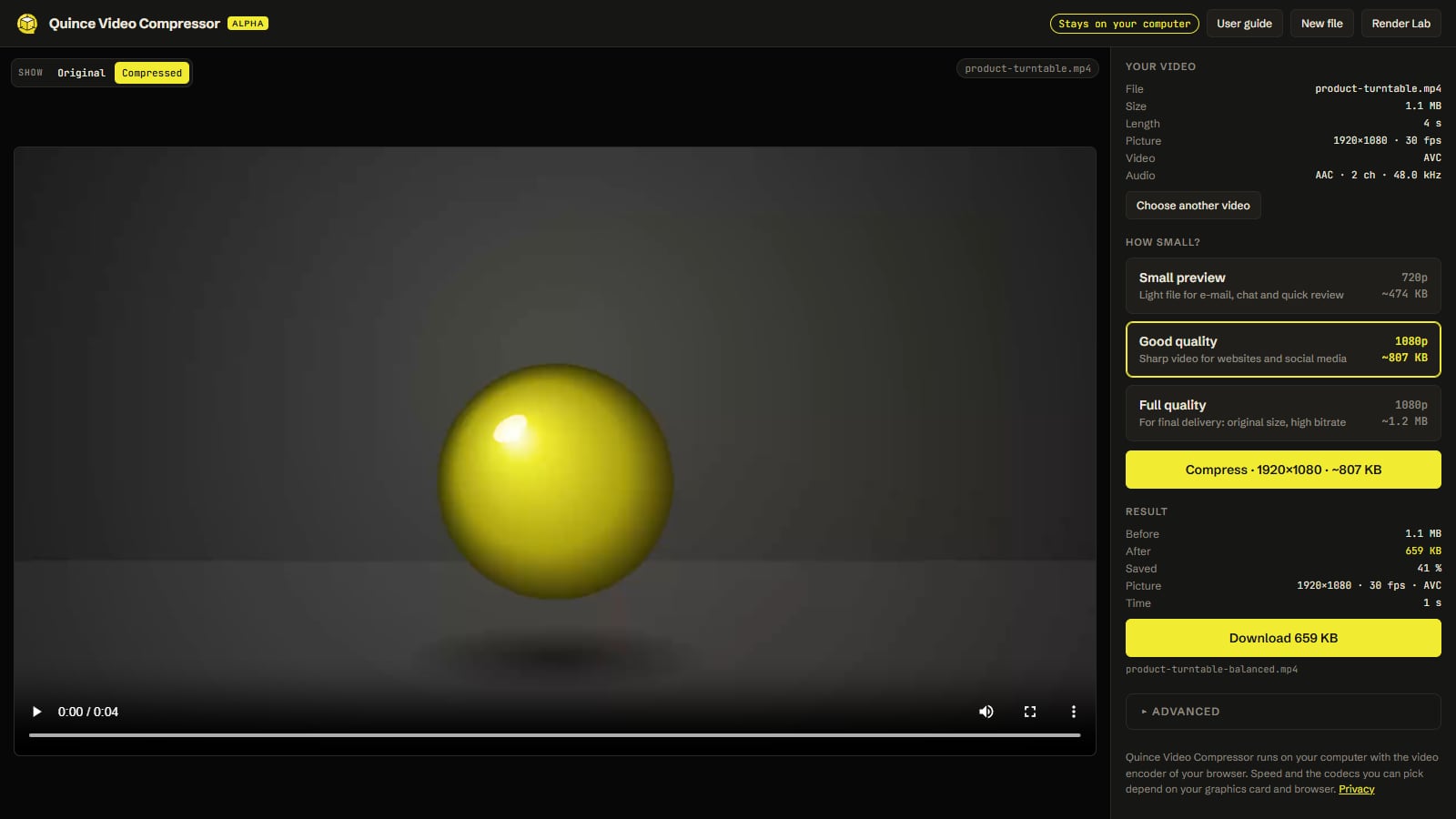 The result, with the bar to compare original and compressed